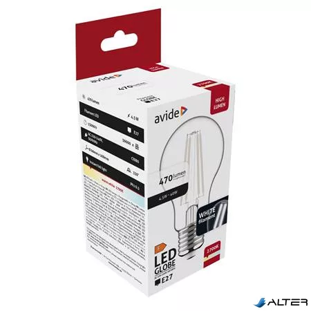 LED izzó, filament, E27, gömb, A60, 4,5W, 470lm, 2700K, AVIDE