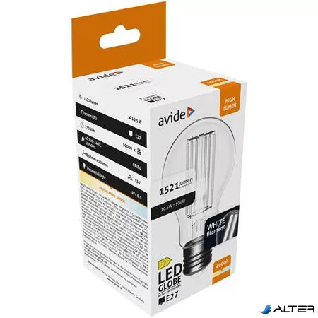 LED izzó, filament, E27, gömb, A60, 10,5W, 1521lm, 4000K, AVIDE