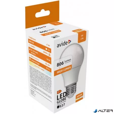 LED izzó, E27, gömb, A60, 8W, 806lm, 4000K, AVIDE