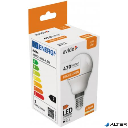 LED izzó, E14, kisgömb, G45, 4,5W, 470lm, 4000K, AVIDE