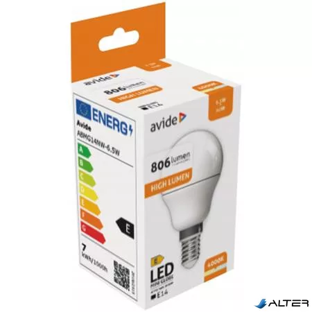 LED izzó, E14, kisgömb, G45, 6,5W, 806lm, 4000K, AVIDE