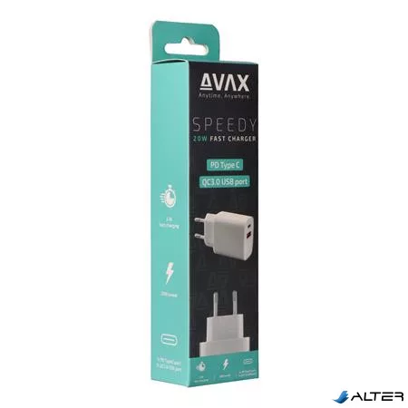 Hálózati töltő, USB-A + USB-C, 20W, AVAX "CH320 Speedy", fehér