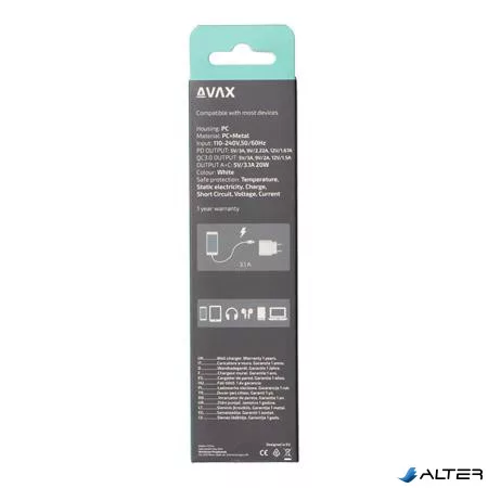 Hálózati töltő, USB-A + USB-C, 20W, AVAX "CH320 Speedy", fehér