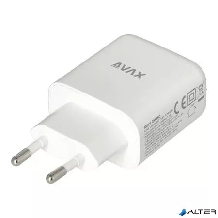 Hálózati töltő, GaN, USB-A + USB-C, AVAX "CH360 Speedy", fehér