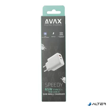 Hálózati töltő, GaN, USB-A + USB-C, AVAX "CH360 Speedy", fehér
