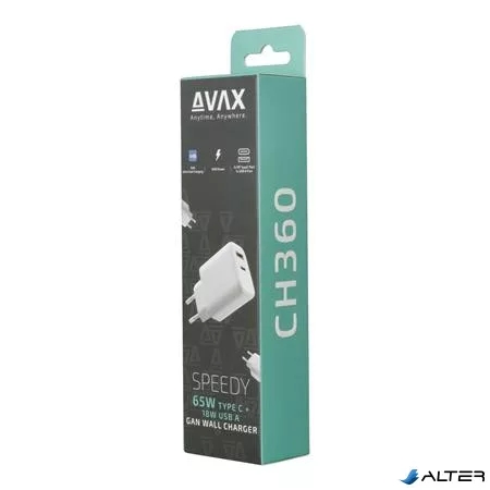 Hálózati töltő, GaN, USB-A + USB-C, AVAX "CH360 Speedy", fehér