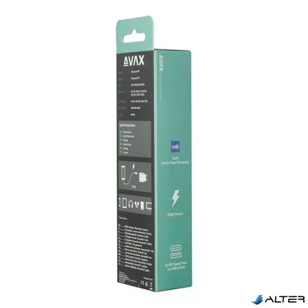 Hálózati töltő, GaN, USB-A + USB-C, AVAX "CH360 Speedy", fehér