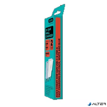 Hálózati töltő, GaN, USB-A + USB-C, AVAX "CH6411 Nano Slim", 2 db, fehér + világoskék