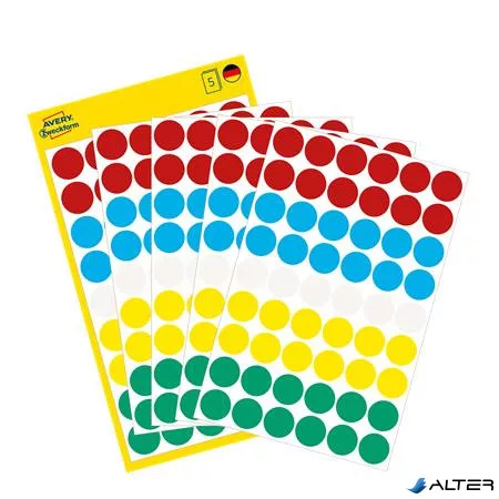 Etikett, 12 mm, kör, AVERY ZWECKFORM, 5 különböző szín, 270 etikett/csomag