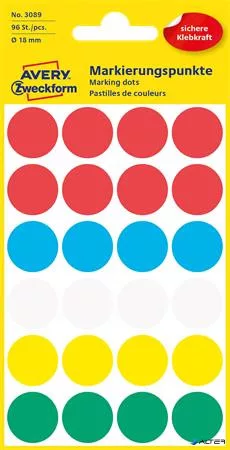 Etikett, 18 mm, kör, AVERY ZWECKFORM, 5 különböző szín, 96 etikett/csomag