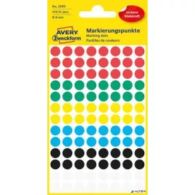   Etikett, 8 mm, kör, AVERY ZWECKFORM, 5 különböző szín, 416 etikett/csomag