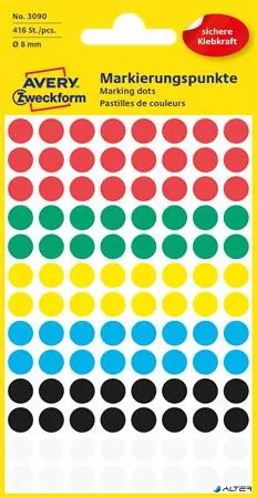 Etikett, 8 mm, kör, AVERY ZWECKFORM, 5 különböző szín, 416 etikett/csomag