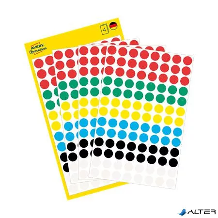 Etikett, 8 mm, kör, AVERY ZWECKFORM, 5 különböző szín, 416 etikett/csomag