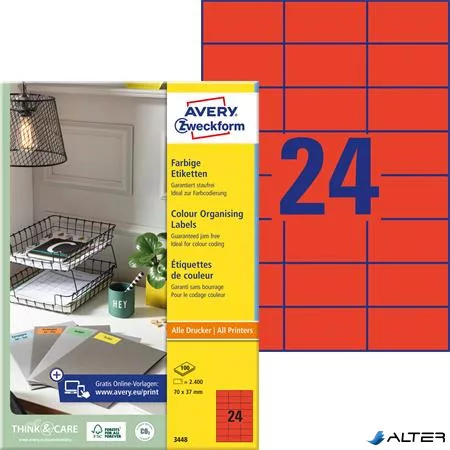 Etikett, 70x37 mm, színes, AVERY ZWECKFORM, piros, 2400 etikett/csomag