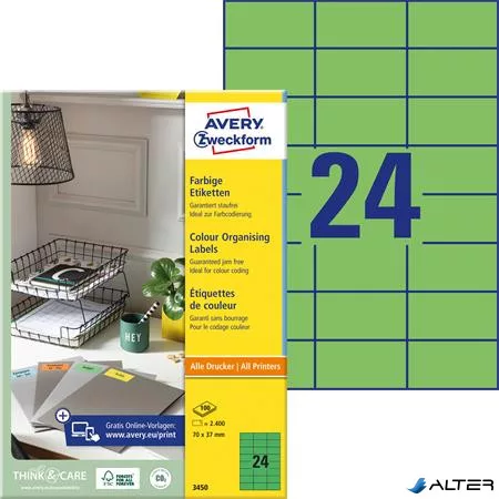Etikett, 70x37 mm, színes, AVERY ZWECKFORM, zöld, 2400 etikett/csomag