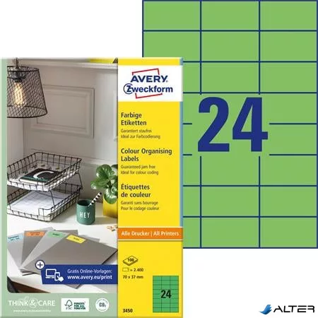 Etikett, 70x37 mm, színes, AVERY ZWECKFORM, zöld, 2400 etikett/csomag