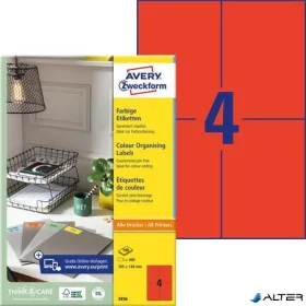   Etikett, 105x148 mm, színes, AVERY ZWECKFORM, piros, 400 etikett/csomag