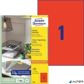   Etikett, 210x297 mm, színes, AVERY ZWECKFORM, piros, 100 etikett/csomag