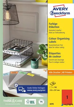 Etikett, 210x297 mm, színes, AVERY ZWECKFORM, piros, 100 etikett/csomag