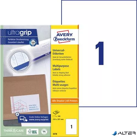 Etikett, univerzális, 210x297 mm, AVERY ZWECKFORM, 100 etikett/csomag