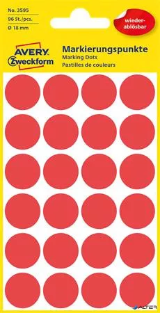 Etikett, 18 mm, kör, eltávolítható, AVERY ZWECKFORM, piros, 96 etikett/csomag