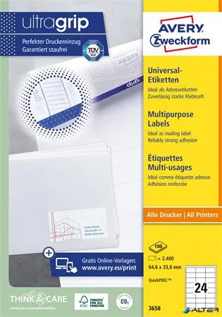 Etikett, univerzális, 64,6x33,8 mm, AVERY ZWECKFORM, 2400 etikett/csomag