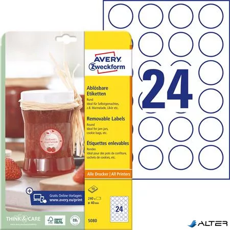 Etikett, 40 mm, kör, eltávolítható, AVERY ZWECKFORM, 240 etikett/csomag