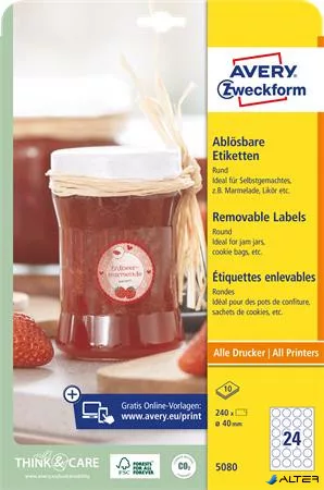 Etikett, 40 mm, kör, eltávolítható, AVERY ZWECKFORM, 240 etikett/csomag