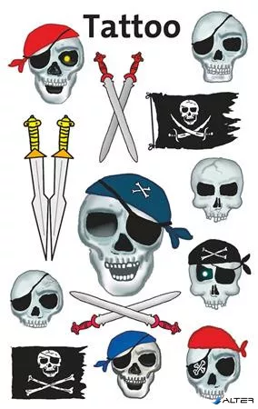 Matrica, tetoválás, 1 ív, 76x120 mm, AVERY ZWECKFORM, 'Z-Design No.56632', kalóz halálfejek kardokkal