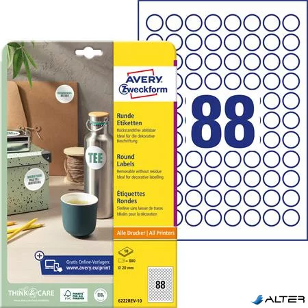 Etikett, 20 mm, kör, eltávolítható, AVERY ZWECKFORM, 880 etikett/csomag