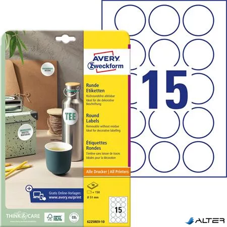 Etikett, 51 mm, kör, eltávolítható, AVERY ZWECKFORM, 150 etikett/csomag