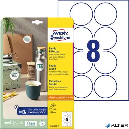 Etikett, 69 mm, kör, eltávolítható, AVERY ZWECKFORM, 80 etikett/csomag