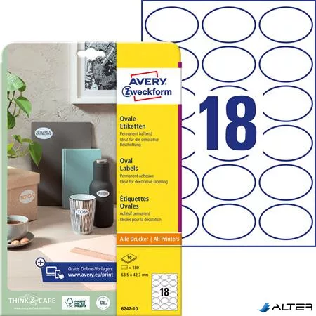 Etikett, univerzális, 63,5x42,3 mm, ovális, AVERY ZWECKOFRM, 180 etikett/csomag