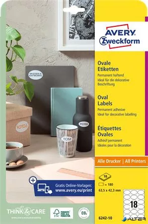 Etikett, univerzális, 63,5x42,3 mm, ovális, AVERY ZWECKOFRM, 180 etikett/csomag