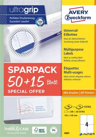 Etikett, univerzális, 105x148 mm, AVERY ZWECKFORM, "Sparpack", 260 etikett/csomag