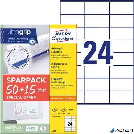 Etikett, univerzális, 70x36 mm, AVERY ZWECKFORM, 'Sparpack' 1560 etikett/csomag