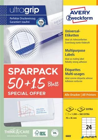 Etikett, univerzális, 70x36 mm, AVERY ZWECKFORM, 'Sparpack' 1560 etikett/csomag