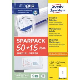   Etikett, univerzális, 210x297 mm, AVERY ZWECKFORM, 'Sparpack', 65 etikett/csomag
