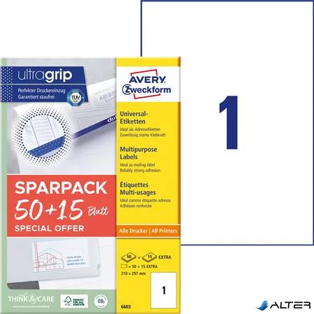 Etikett, univerzális, 210x297 mm, AVERY ZWECKFORM, "Sparpack", 65 etikett/csomag
