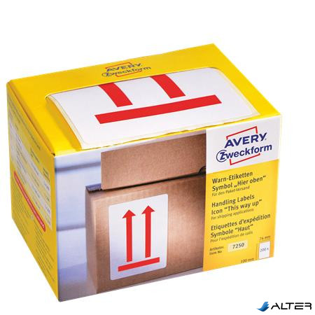 Jelölőnyíl, 'A nyíllal megegyező irányba állítandó', 74x100 mm, AVERY ZWECKFORM, piros, 200 etikett/csomag