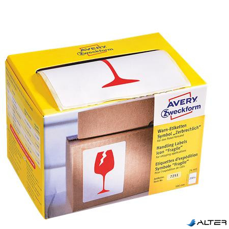 Jelölő, pohármatrica, 'Törékeny, óvatosan kezelendő!', 74x100 mm, piros, AVERY ZWECKFORM, 200 etikett/csomag