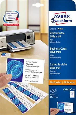 Névjegykártya, 85x54 mm, 185 g, mikroperforált, AVERY ZWECKFORM, 100 db/csomag