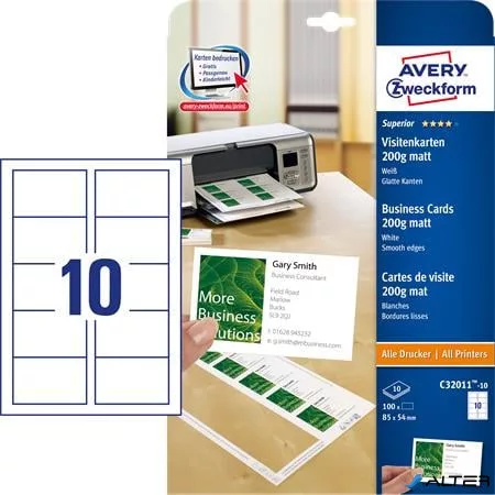 Névjegykártya, 85x54 mm, 200 g, mikroperforált, AVERY ZWECKFORM, 100 db/csomag