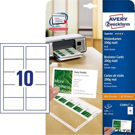 Névjegykártya, 85x54 mm, 200 g, mikroperforált, AVERY ZWECKFORM, 250 db/csomag