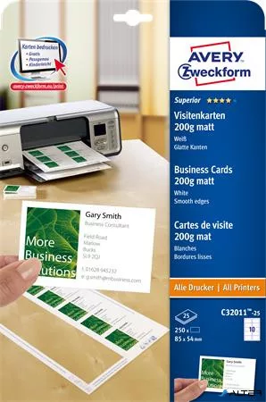 Névjegykártya, 85x54 mm, 200 g, mikroperforált, AVERY ZWECKFORM, 250 db/csomag
