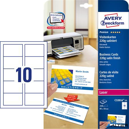 Névjegykártya, 85x54 mm, 220 g, mikroperforált, AVERY ZWECKFORM, 250 db/csomag