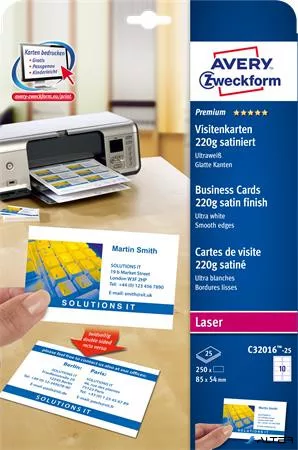 Névjegykártya, 85x54 mm, 220 g, mikroperforált, AVERY ZWECKFORM, 250 db/csomag