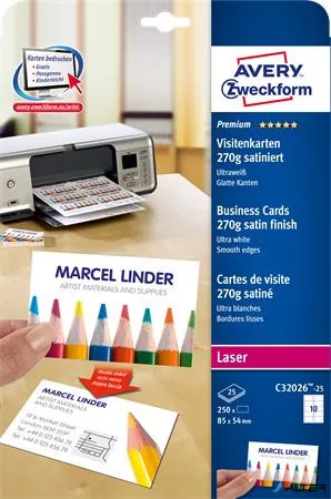 Névjegykártya, 85x54 mm, 270 g, mikroperforált,  AVERY ZWECKFORM, 250 db/csomag