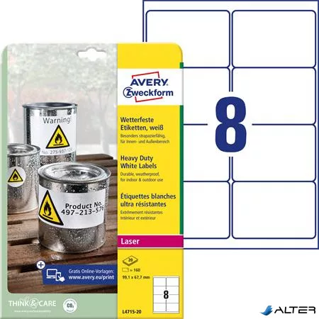 Etikett, 99,1x67,7 mm, poliészter, időjárásálló, AVERY ZWECKFORM, fehér, 160 etikett/csomag