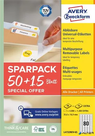 Etikett, univerzális, eltávolítható, 35,6x16,9 mm, AVERY ZWECKFORM, 'Sparpack', 5200 etikett/csomag